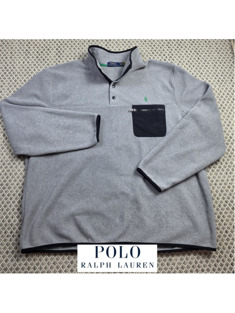 Polo Ralph Lauren Fleece Pullover Mens XXL Gray Snap Neck Zip Pocket Pony